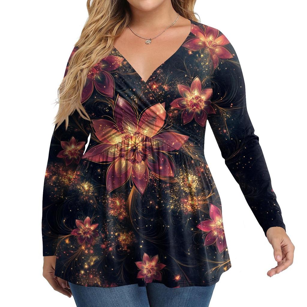 Women's Plus Size Shirt Long Sleeve  Print Top Pleated Casual V-Neck Top