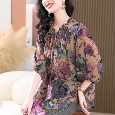 Damen Lace-up Rüschen Floral Elegant Mom High-End Pullover Blusen Damen Retro Loose Sommer Neue Tops