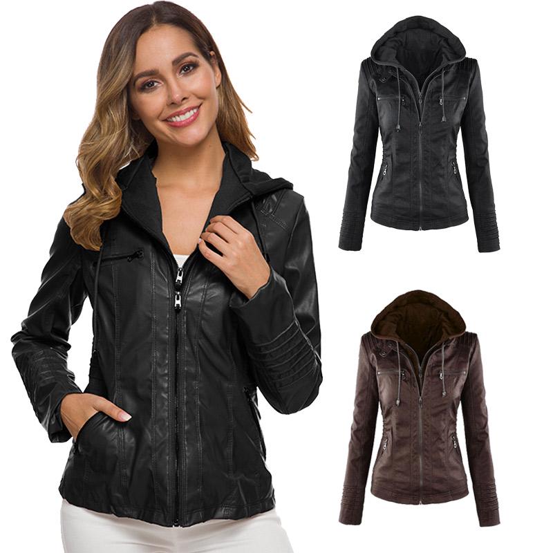 Buy Casual Women's Jacket Lapel Detachable Hooded Leather Solid Color Jacket Zipper Jacket