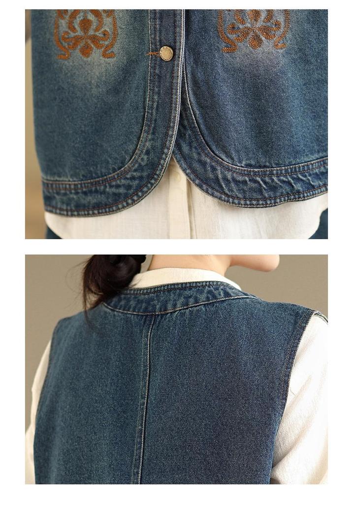 Spring Plus Size Embroidered Denim Vest - Casual, Loose, and Versatile Fashion