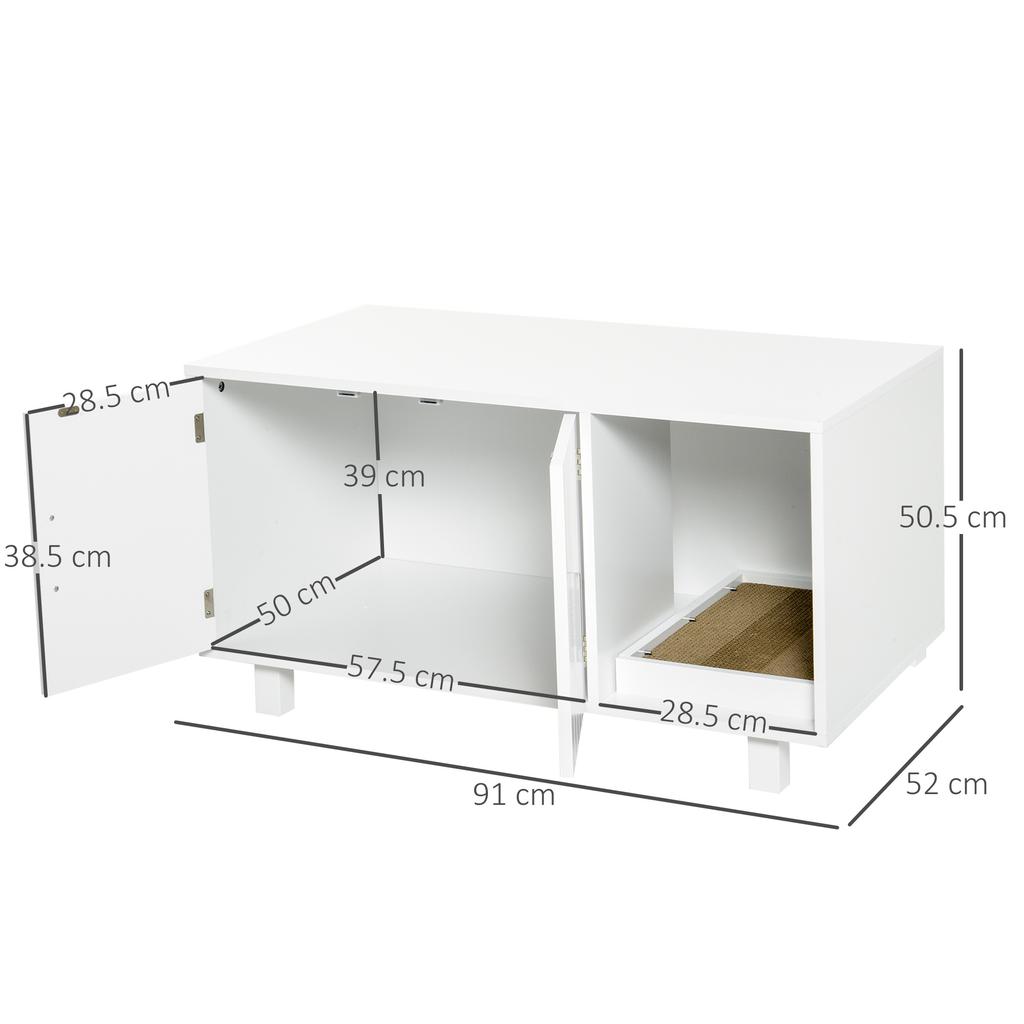 Wooden Cat Litter Box Cabinet with 2 Doors and Side Opening with Scratching Post, White