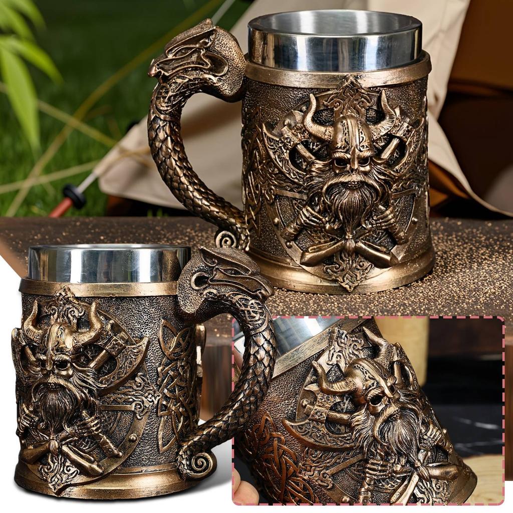 Bierkrug für Männer, Bierkrug mit Hornhelm, Edelstahl-ausgekleideter Bierkrug, Partydekoration Trinkgeschirr Geschenk(Fassungsvermögen 600 ml)