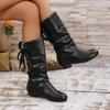 Large Size Medium Boots Rear Strap Large Size Women's Boots Autumn and Winter Low Heel Casual Women's Shoes Thick Heel Leather Knight Boots