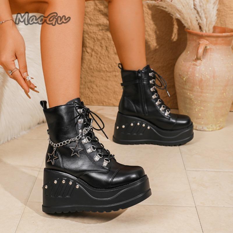 High Platform Women's Ankle Boots Black PU Leather Side Zip Chain Decor Ladies Punk Botines Women Autumn Boots Size 35-43