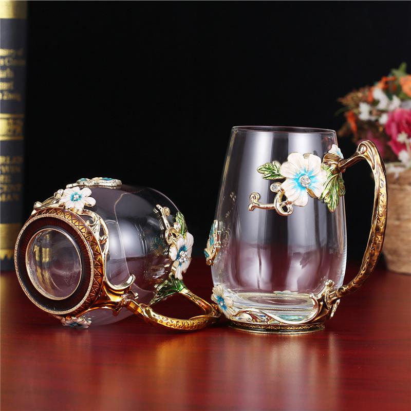 Heat-Resistant Enamel Flower Tea Cup, Creative Painted Crystal Glass Coffee Cup with Handle