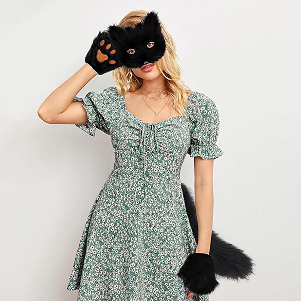 Nadýchaná kožešina Fox Tail Keychain Cat Tlaps Rukavice a Wolf Therian Mask Sada pro Halloween Cosplay kostýmní doplňky