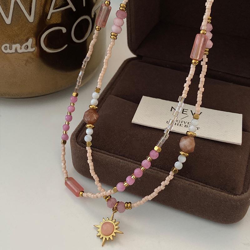 Pink Rose Quartz Eight-Pointed Star Pendant Necklace, Natural Stone Beaded Choker for Women, 2024 Collection