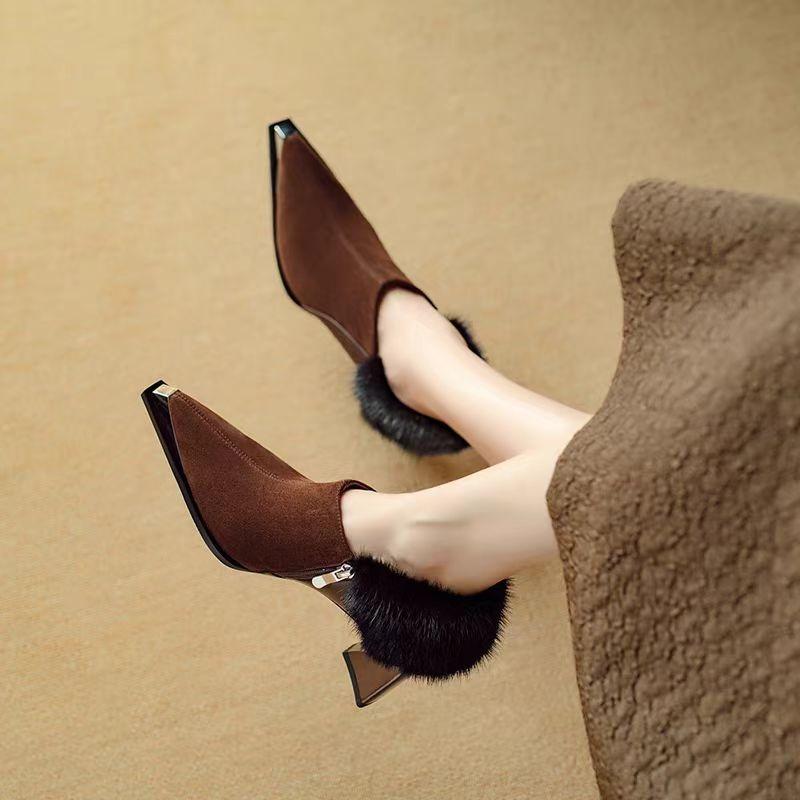 Autumn New Coarse Heel Shoes Women Metal Pointed Side Zipper Anti-slip Wear-resistant Plush Low-top Shoes