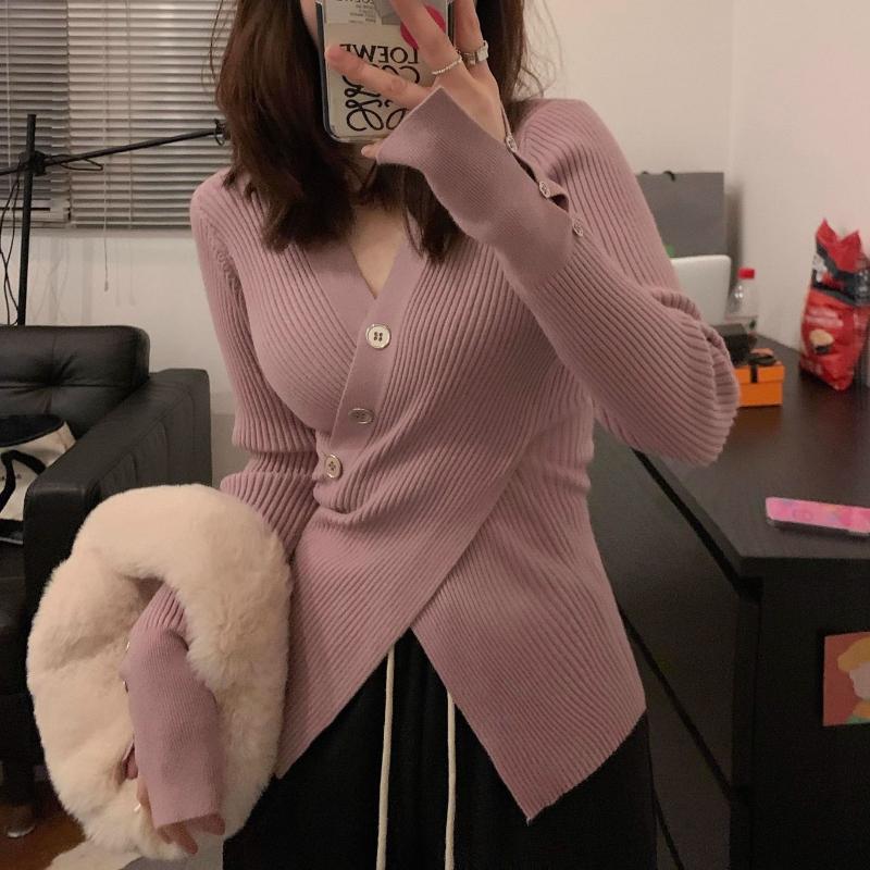 

Осеннее базовое пальто Chic Irregular Top V-образный вырез свитер внутренний слой L розовый