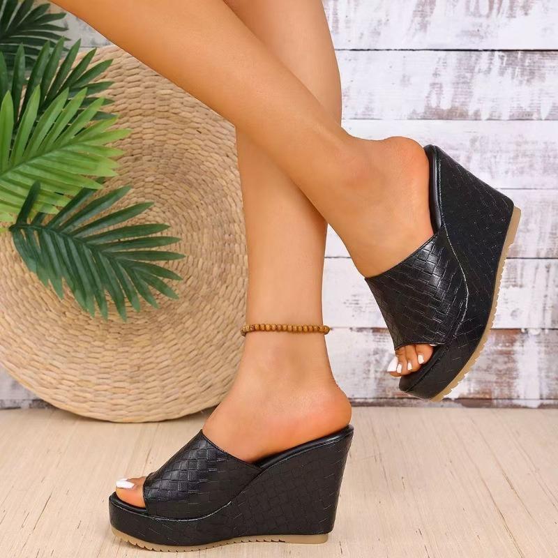 Damen Karomuster Keil Peep-Toe Plateau Pantoletten