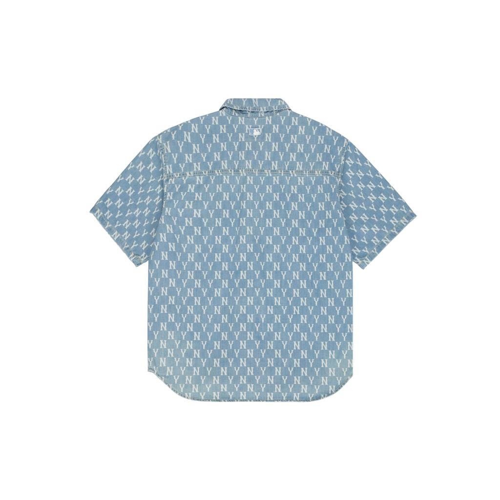MLB New York Yankees Classic Mountain Series Outdoor Logo Denim Casual Comfortable Short Sleeve Shirt Unisex shirts Light-Blue 3ADRMN123-50BLL