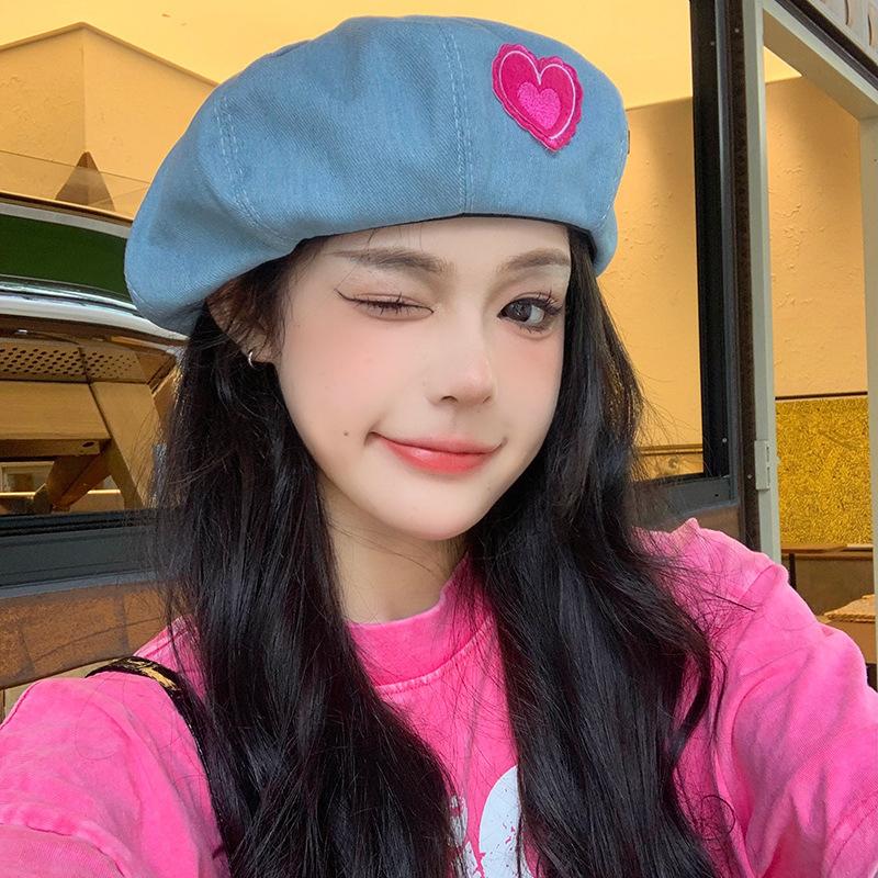 Korean Pink Love Heart Denim Beret Hat Women Spring Summer Cotton Octagonal Newsboy Cap Sweet Japanese Girl Artist Painter Caps