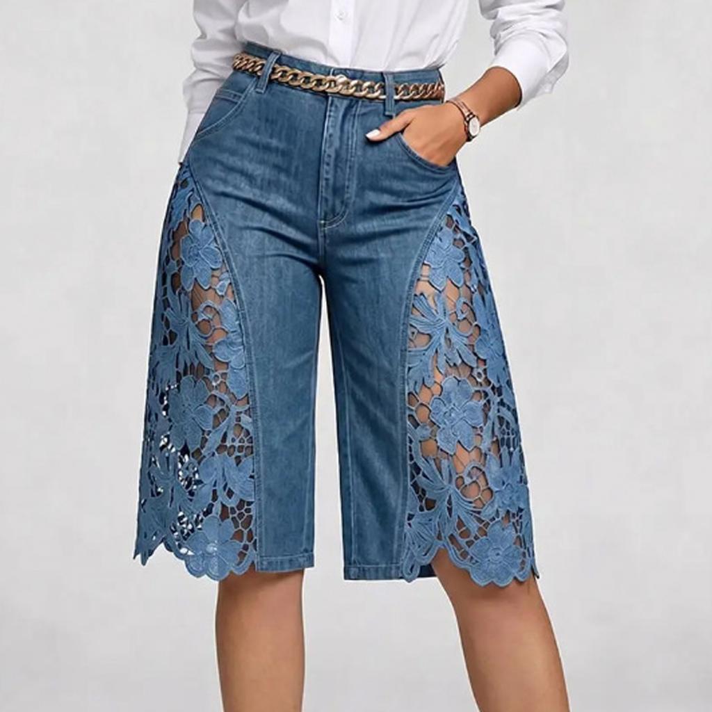 Lässige Damen-Jeans mit Spitzen-Patchwork und Cutout, Vielseitige Denim-Hose für den Alltag