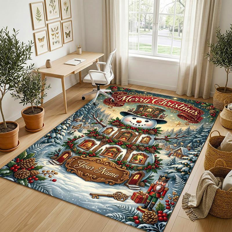 Christmas Theme Crystal Velvet Rug Personalized Custom Name Text Soft Floor Mat Home Decor