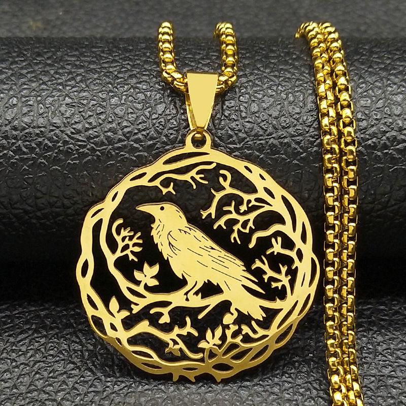 Raven Birds Pendant Necklace Women Men Stainless Steel Black Color Love Flower Of Life Knight Chain Jewelry Gifts