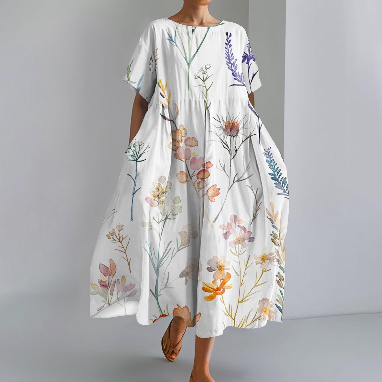 

Женское модное платье с карманом и круглым вырезом с короткими рукавами и принтом XXXL белый