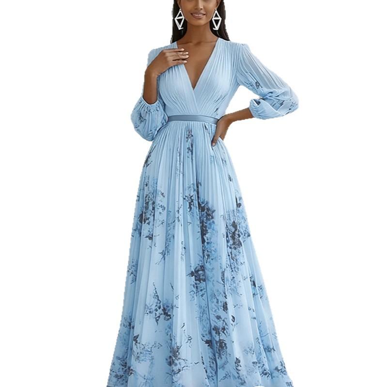 Women's spring new, European and American, fashionable and elegant V-neck printed waist dress