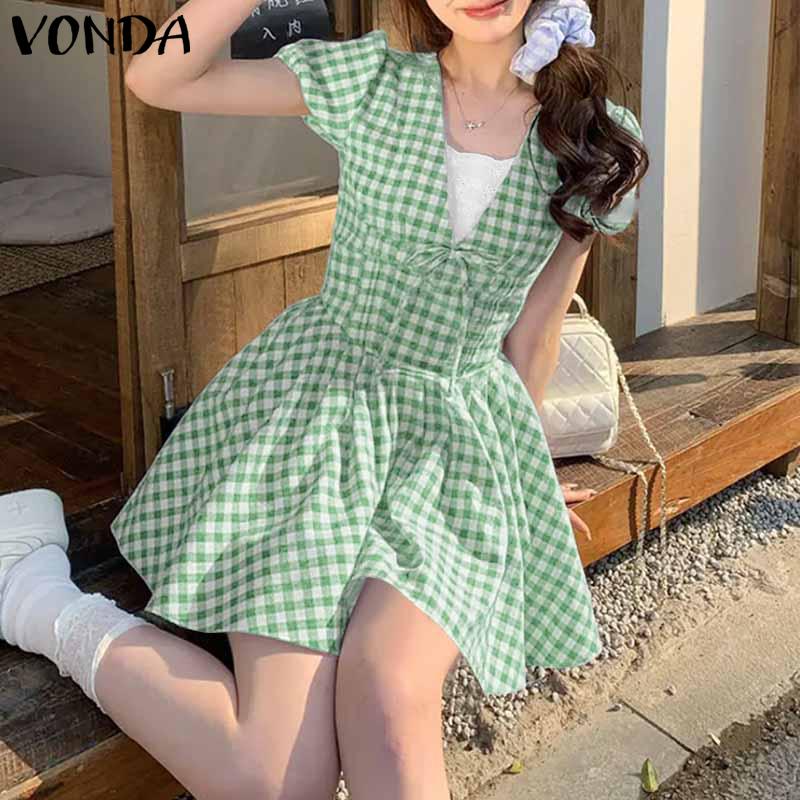 VONDA Women Patchwork Lace V Neck Puff Sleeve Plaid Print Casual Ruffled Dress