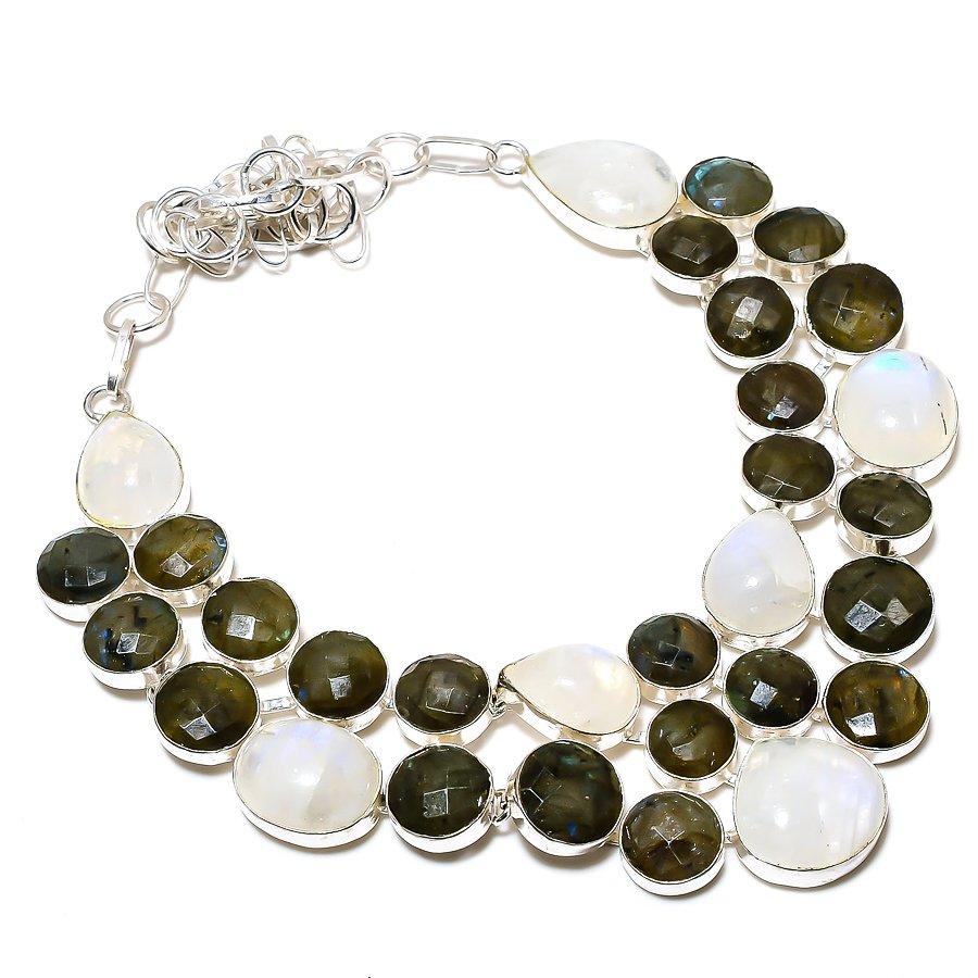 Rainbow Moonstone, Labradorite 925 Sterling Silver Jewelry Necklace 18" SU-9751
