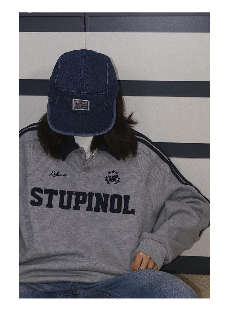 Wyszywane Retro Preppy Litera Polo z Długim Rękawem - Modny Wykładany Kołnierzyk Luźny Krój z Bocznymi Paskami, Unisex, Wszechstronny Styl.