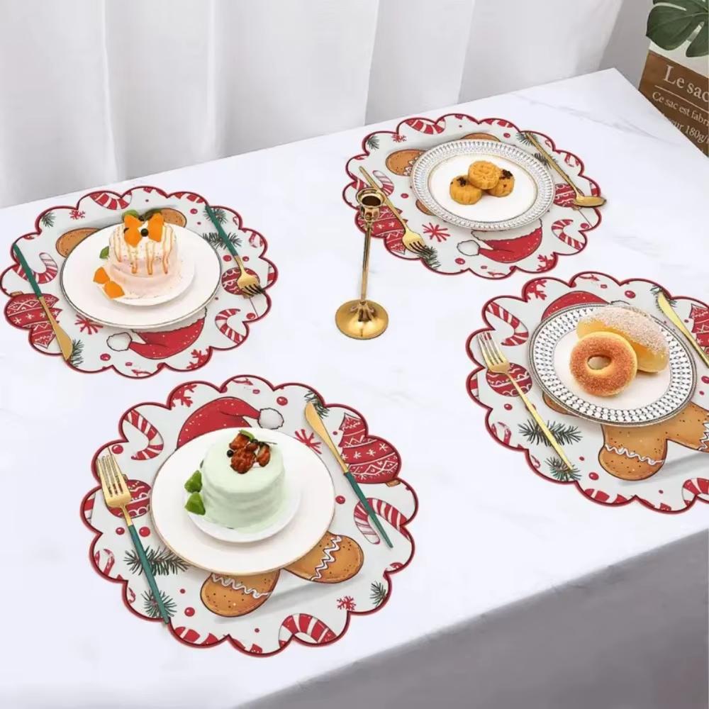 4pcs/set Printing Christmas Round Wave Placemat Anti-slip Heat-resistant Table Mat Banquet Christmas Decoration Tablecloth