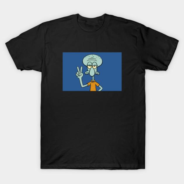 Asian Size Men Black Print T-shirt Squidward Peace Sign No-Cut Print Cotton Tshirt S чёрный