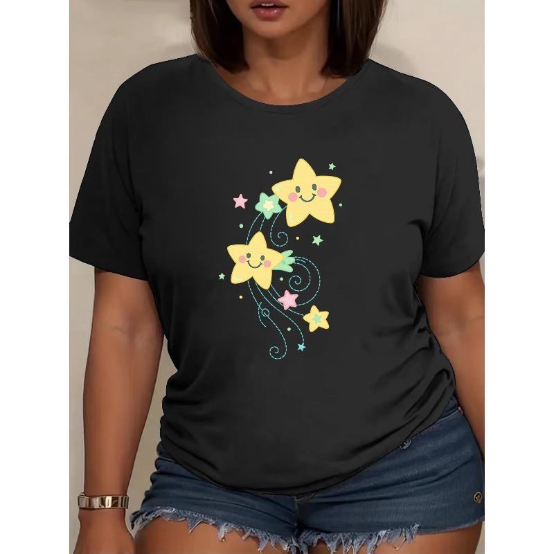 Women'S "Flying Smiling Face Stars" Print Short Sleeve T-shirt | Fashionable Casual Style, Soft and Breathable, Medium Elasticity, Machine Washable,