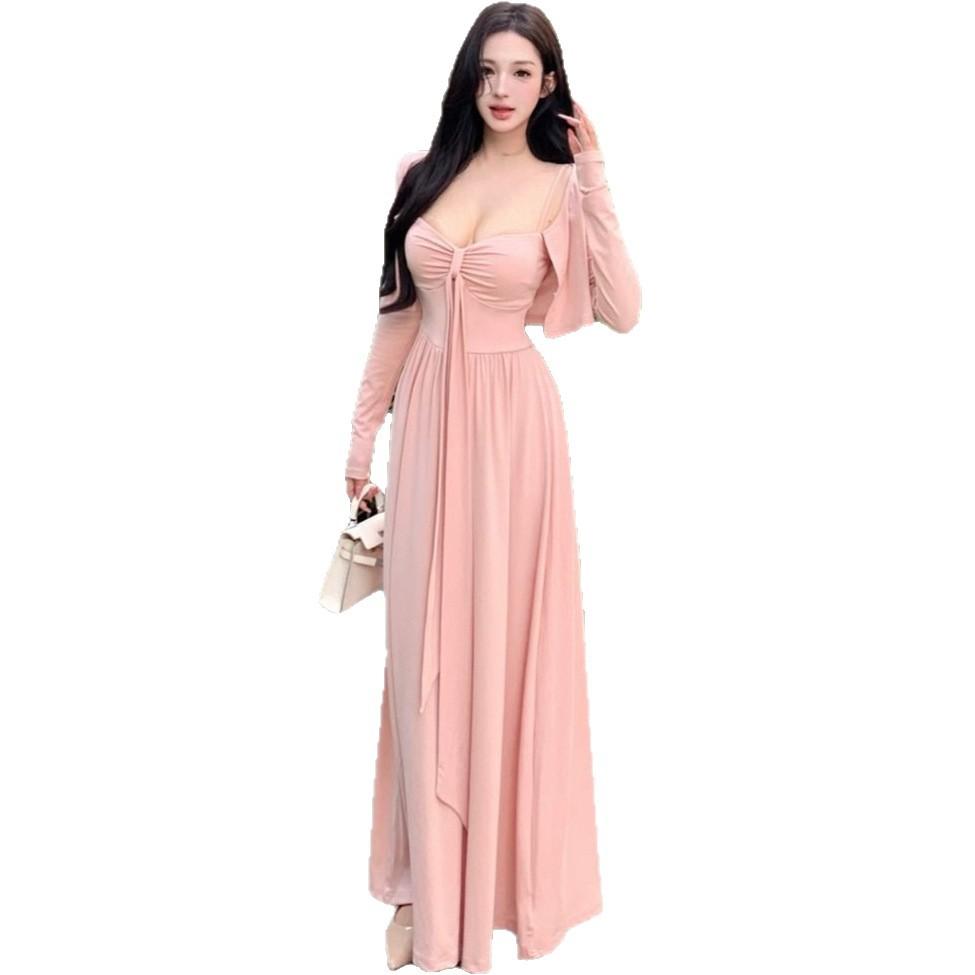 2026 New French Pure Desire Style Pink Suspender Dress Children's Autumn and Winter Cardigan Wear with Long Dress Set