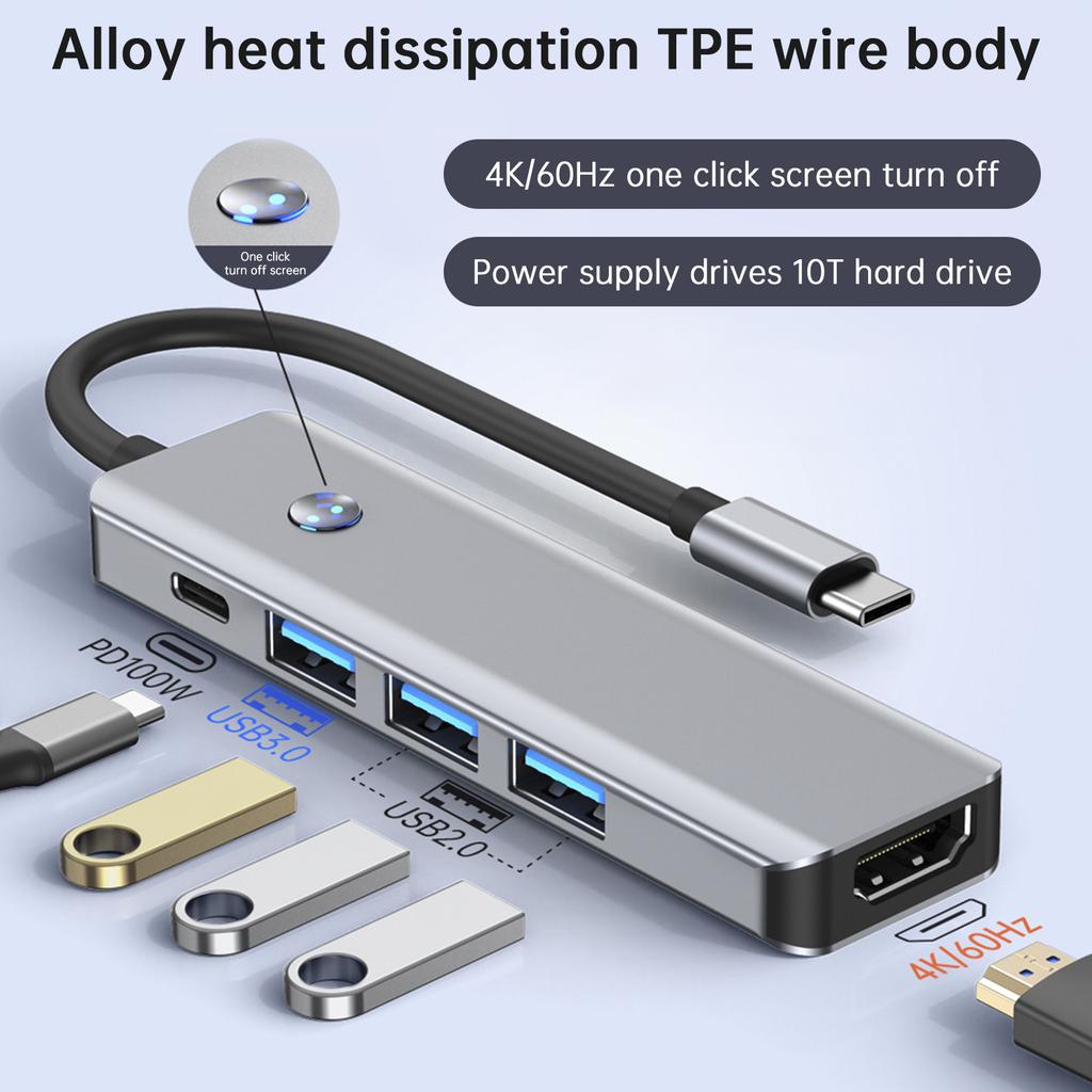 5 In 1 TYPE-C+USB3.0*1+USB2.0*2+HDMI+PD100W Interface Hub Adapter Dock for iPad