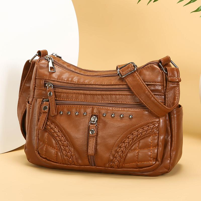 Damentasche Weiches Leder Mehrschichtige Schultertasche Einfarbige Umhängetasche Leichte Muttertasche