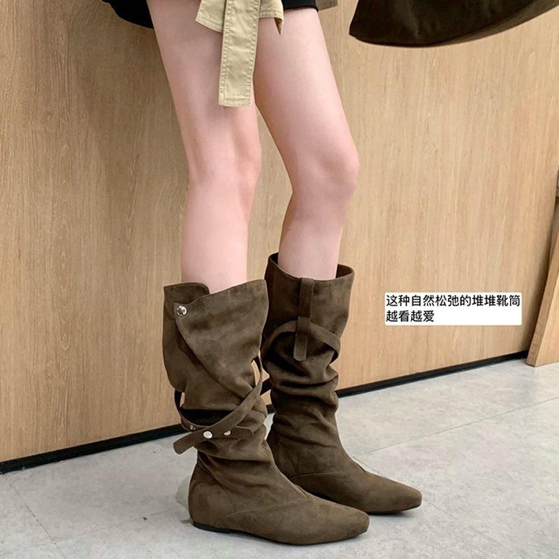 Cowhide version 0cm inner height increase~ two wear Korean pointed buckle with pleated middle tube stack boots women 0000 autumn and winter new