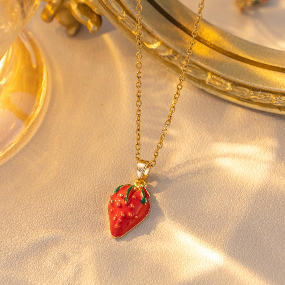 Women Girls Sweet Cute Strawberry Series Pendant Necklace Stainless Steel Chain Lovely Strawberry Fruit Jewelry Accessories Gift