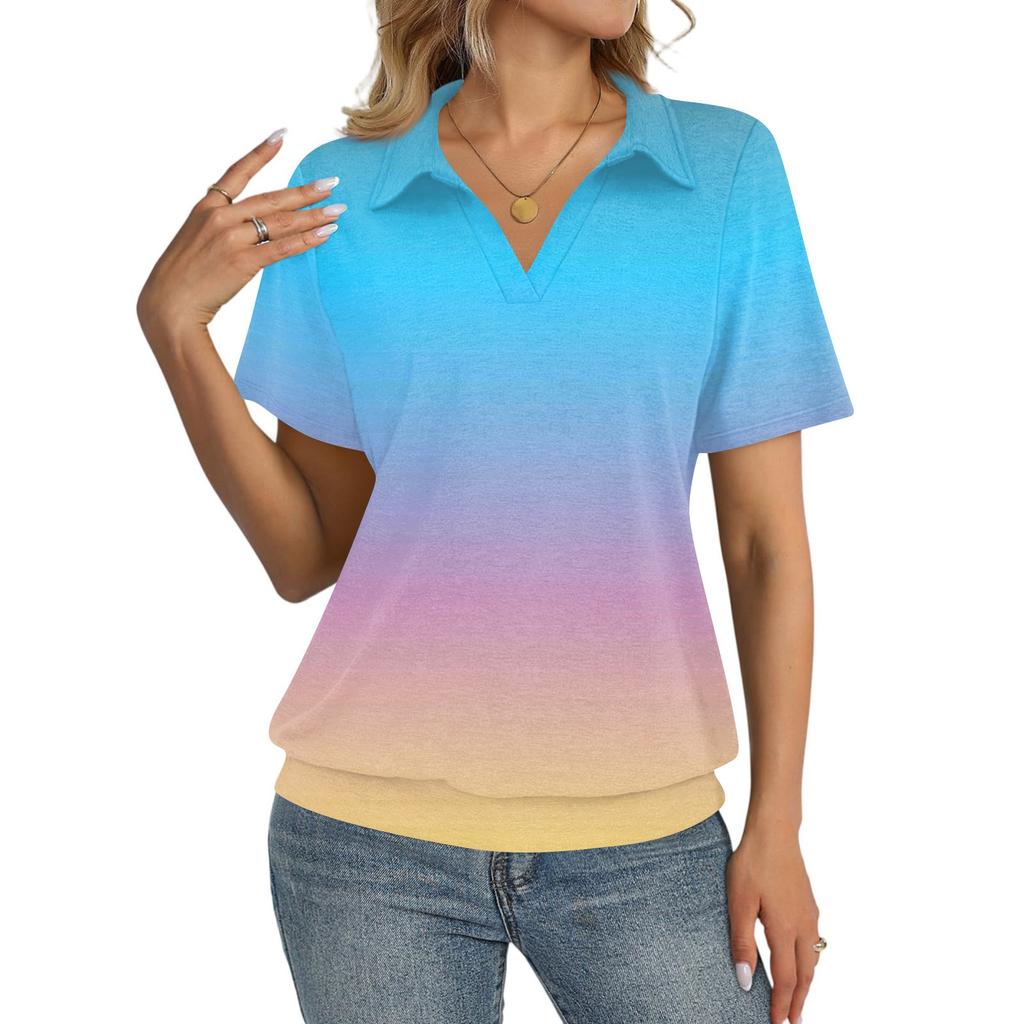 Damesmode Casual Revers Korte Mouw Bedrukt Shirt Dames Up Tops