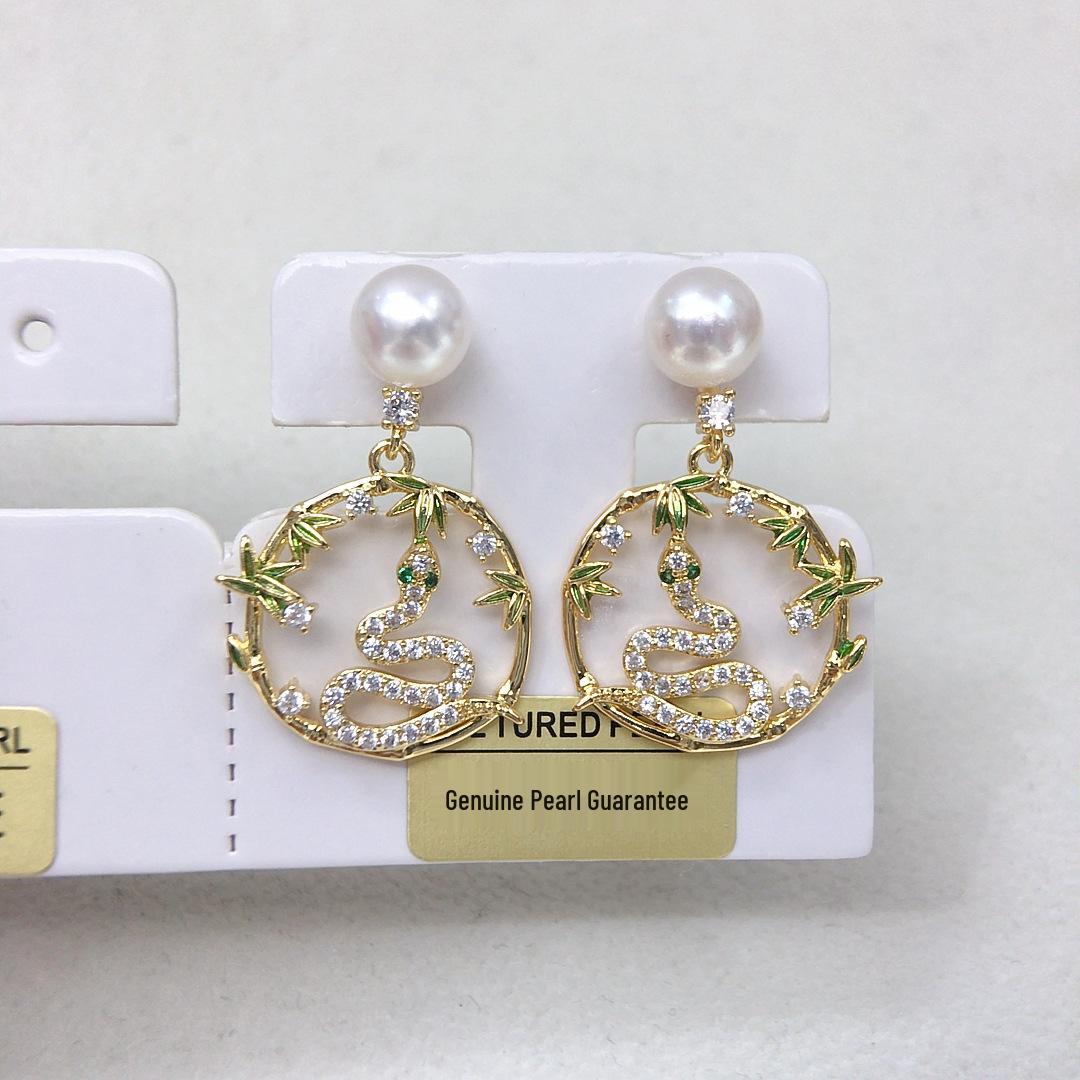Elegant Freshwater Pearl & Zirconia Snake Bamboo Earrings