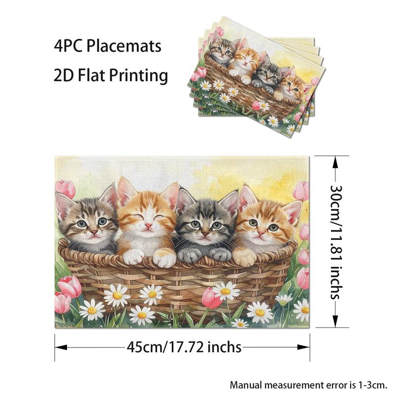Cute Kitten Daisy Tulip Flower Heat Resistant Washable Table Placemats Kitchen Dining Home Decor 4 Piece Set
