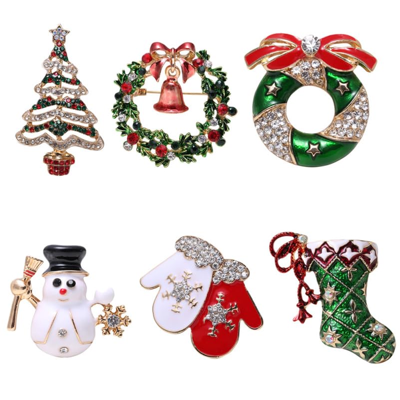 POPETPOP Christmas Brooch Set of 6, Rhinestone and Alloy Decor, Party Accessories