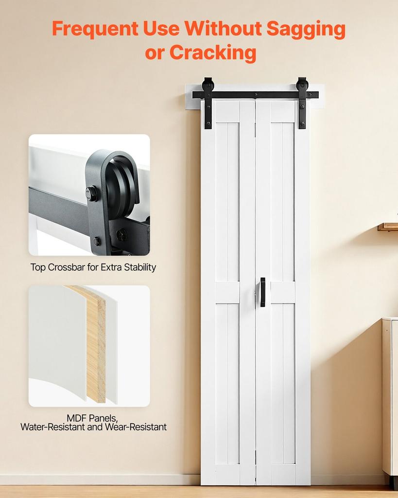 Porte de Grange Pliante, 609 x 2134 mm, Portes de Placard Coulissantes Pliantes en MDF, Kit de Quincaillerie Inclus, Conception Gain de Place en H, Nécessite un Assemblage, pour Chambre à Coucher,