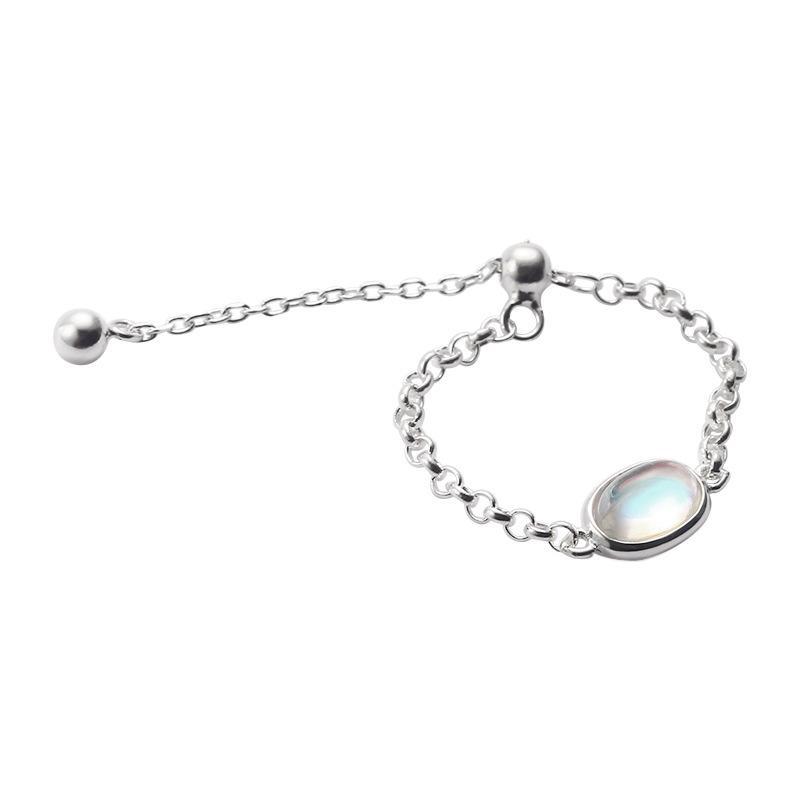 S925 Silver Blue Moonstone Adjustable Pull Chain Ring For Women