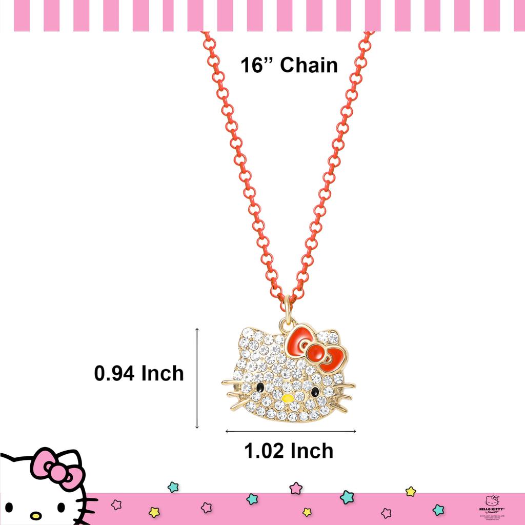 Hello Kitty Sanrio Pave Crystal Pendant Necklace for Women, Officially Licensed, 16-inch + 3-inch Glitter Necklace, Enamel Plated, Gold Plated,