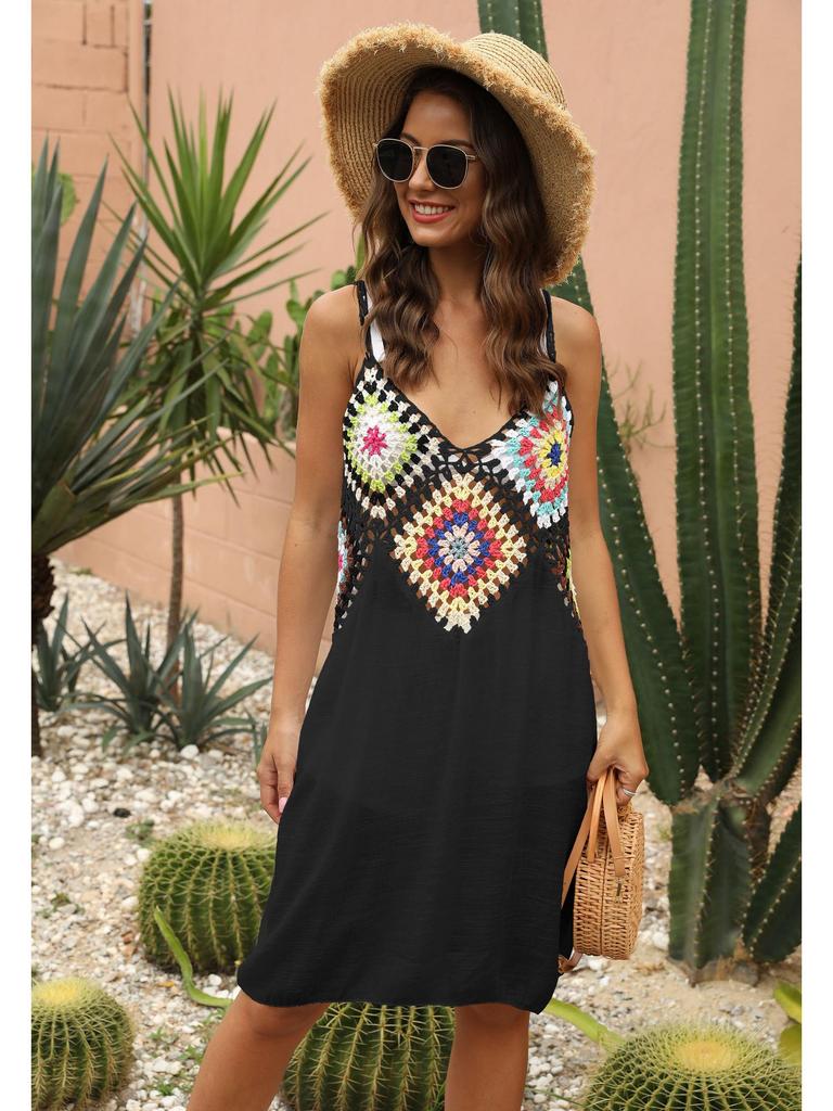 Women's Hand-Crocheted Flower Patchwork Sleeveless Beach Cover-up Dress