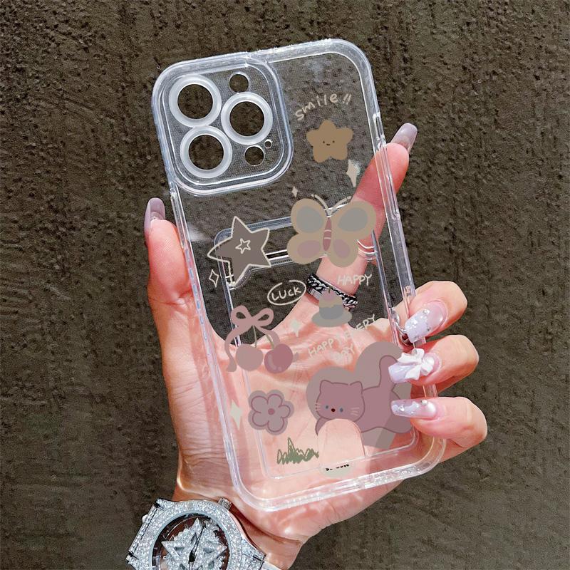 Kartenfach Halter Silikon Brieftasche Tasche Hülle Für Xiaomi Redmi Note 11 12 13 14 iPhone 17 16 15 13 11 Samsung S25 S24 S23 S22 Hülle Transparentes Handy Bumper