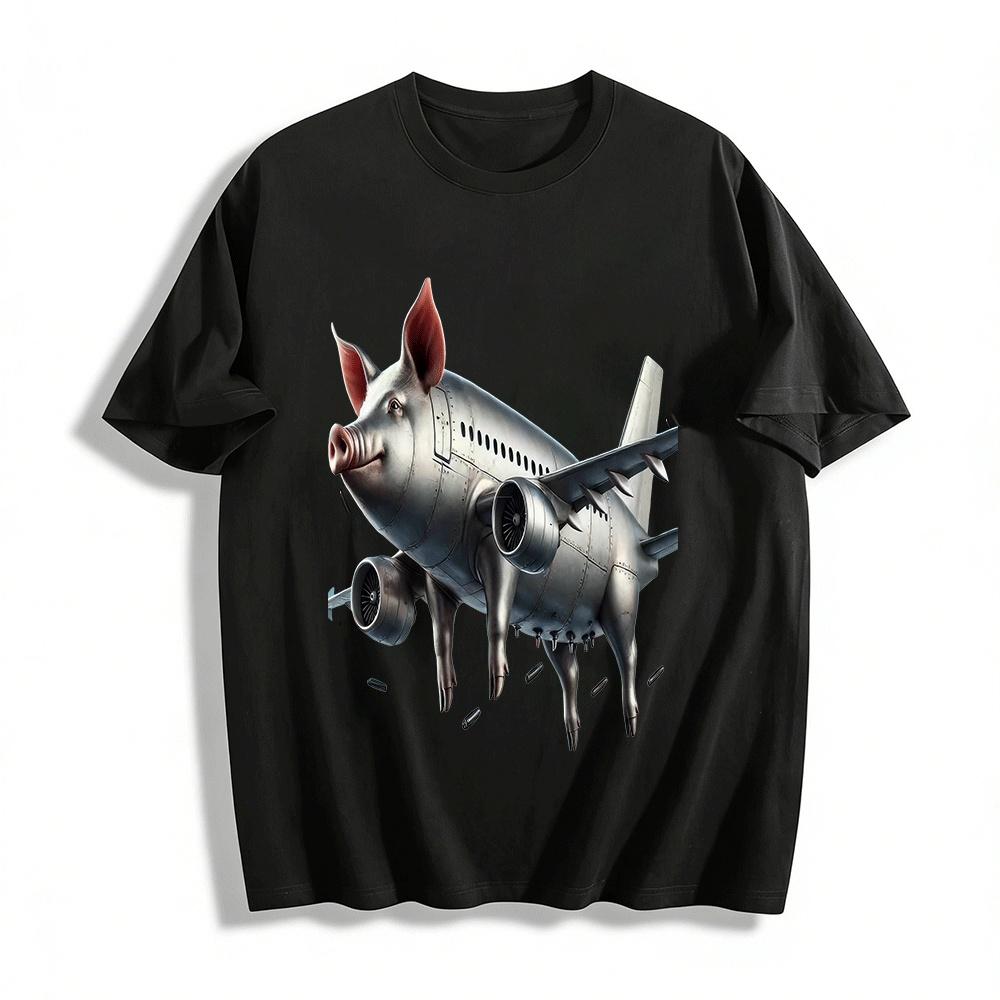 

Creative Pig Fighter Plane Print Casual Short Sleeve Tee Pure cotton T-shirt XXS