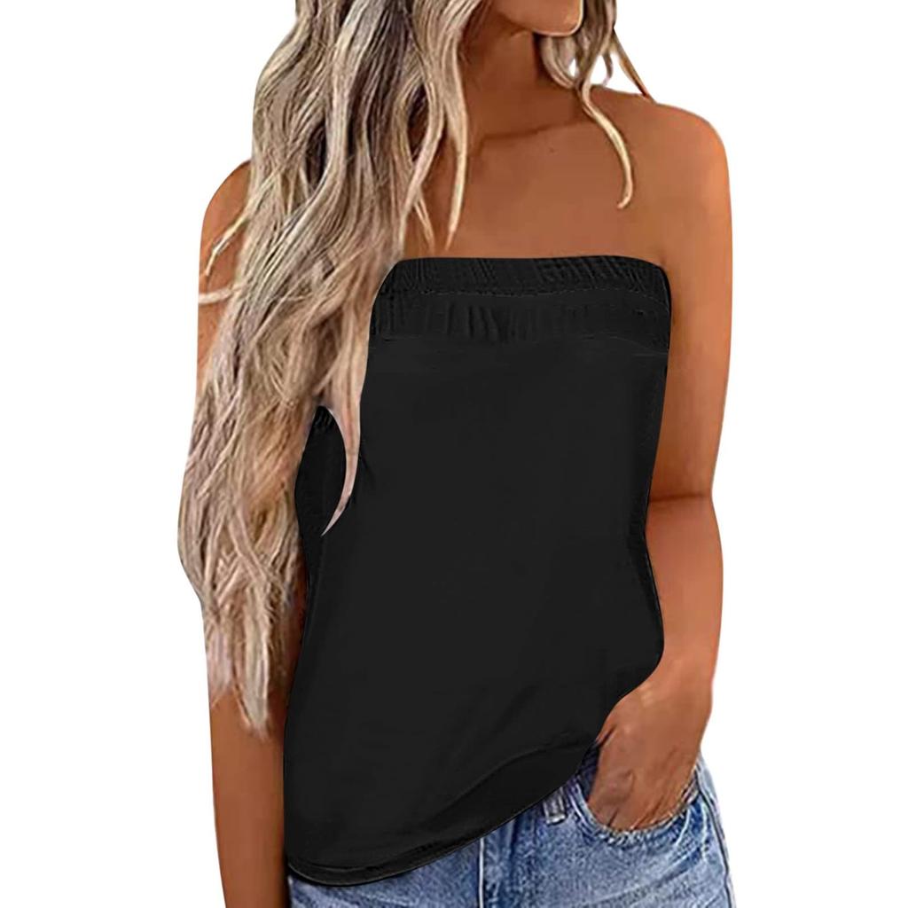 Women Strapless Bandeau Tank Casual Sleeveless Summer Loose Holiday Tube Shirt Tunic Tanks Tops