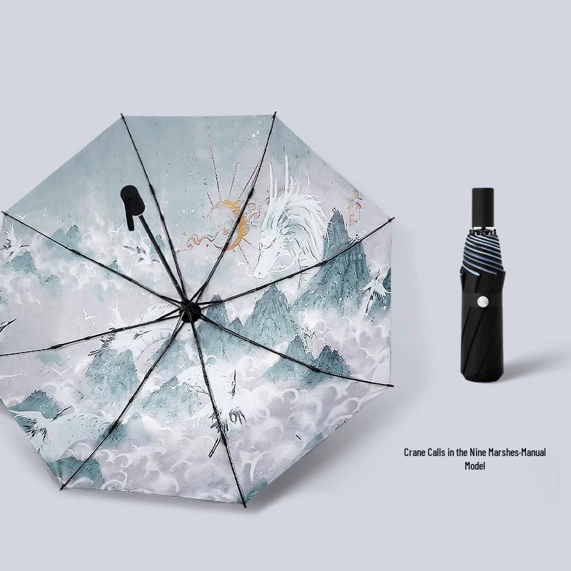 Nanjiao Crane Pattern Three-Fold Sun & Rain Umbrella
