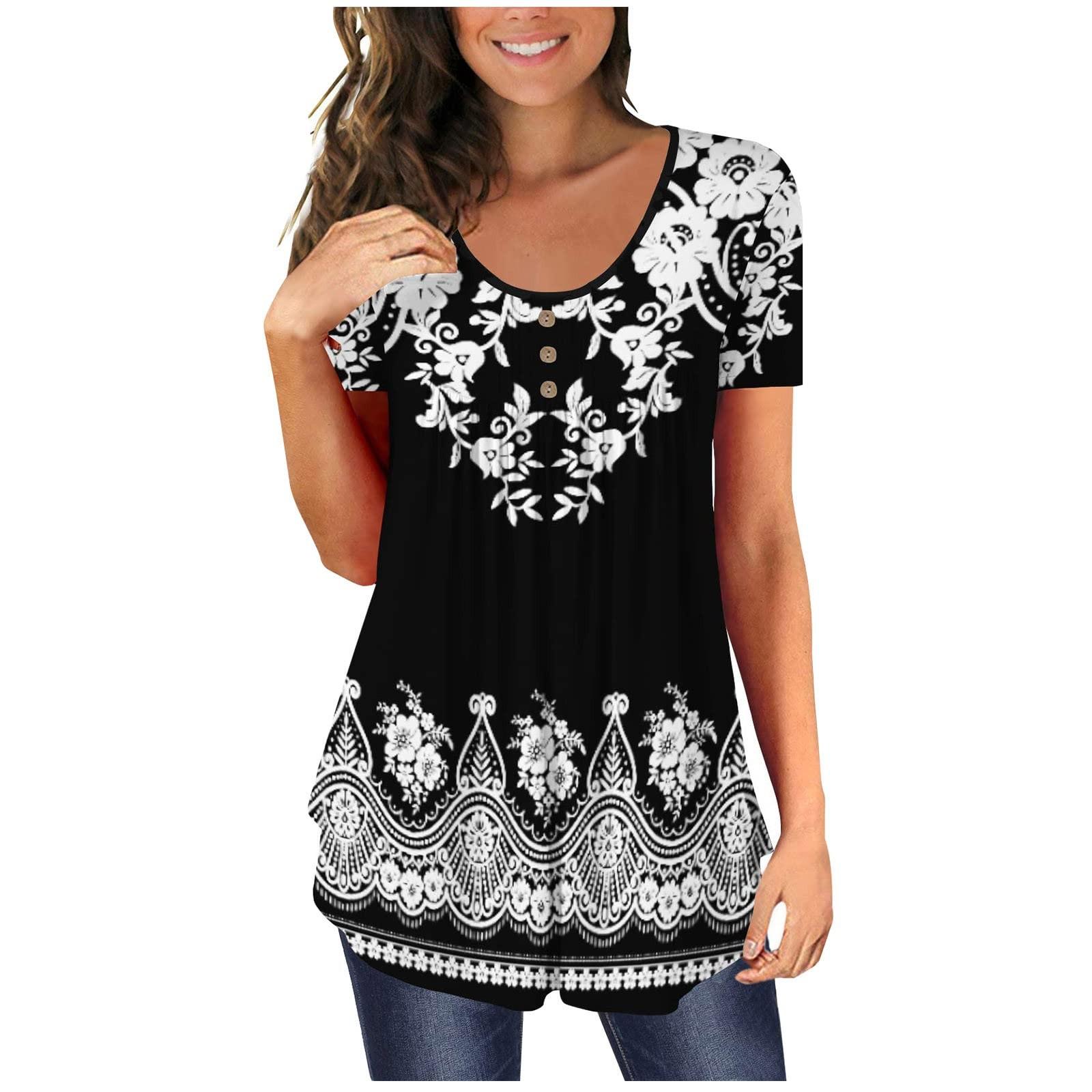 

Женская туника с коротким рукавом, свободные топы, повседневные топы больших размеров, плиссированные футболки-туники на пуговицах L чёрный