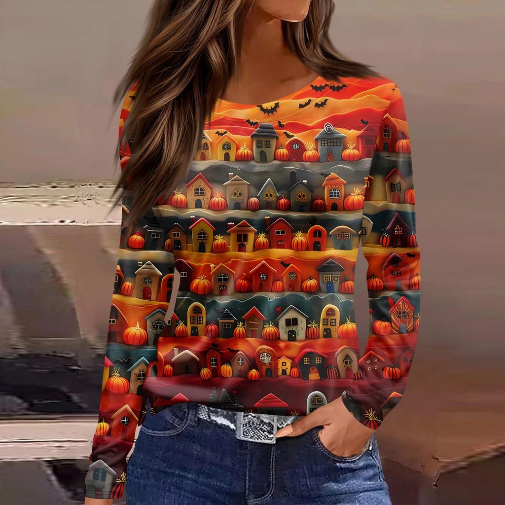 Women's Fashion Casual Slit Hem Round Neck Long Sleeve Loose Halloween Printed T-Shirt Ladies Top