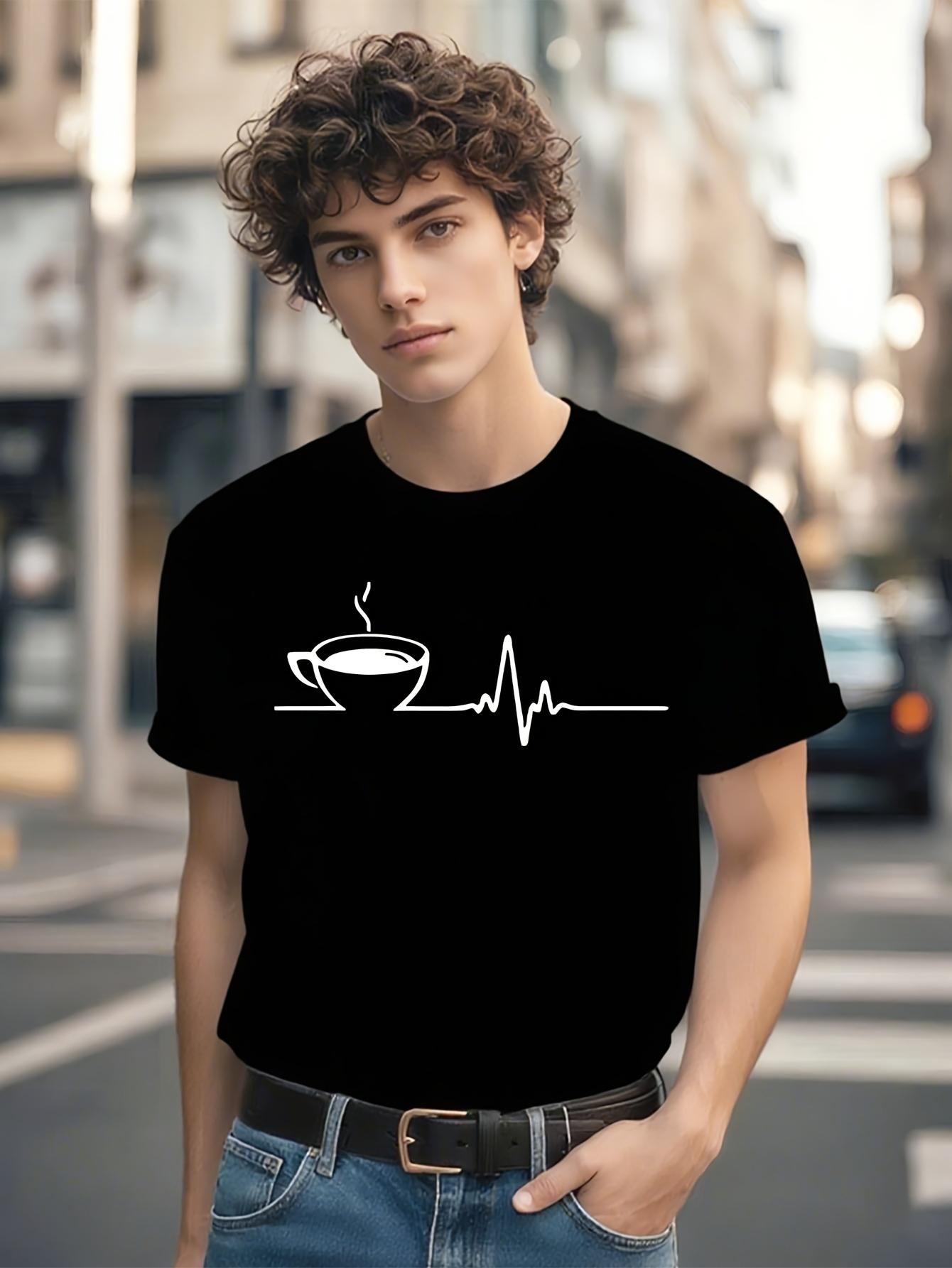 Black T-shirt - Casual Crew Neck Tee with Coffee Cup & Heartbeat Graphic M