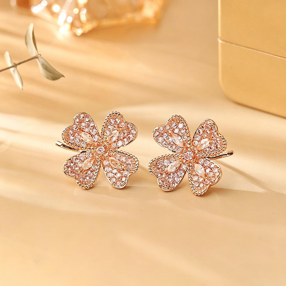 French Vintage Colorful CZ Four Leaf Clover Stud Earrings Delicate Drops