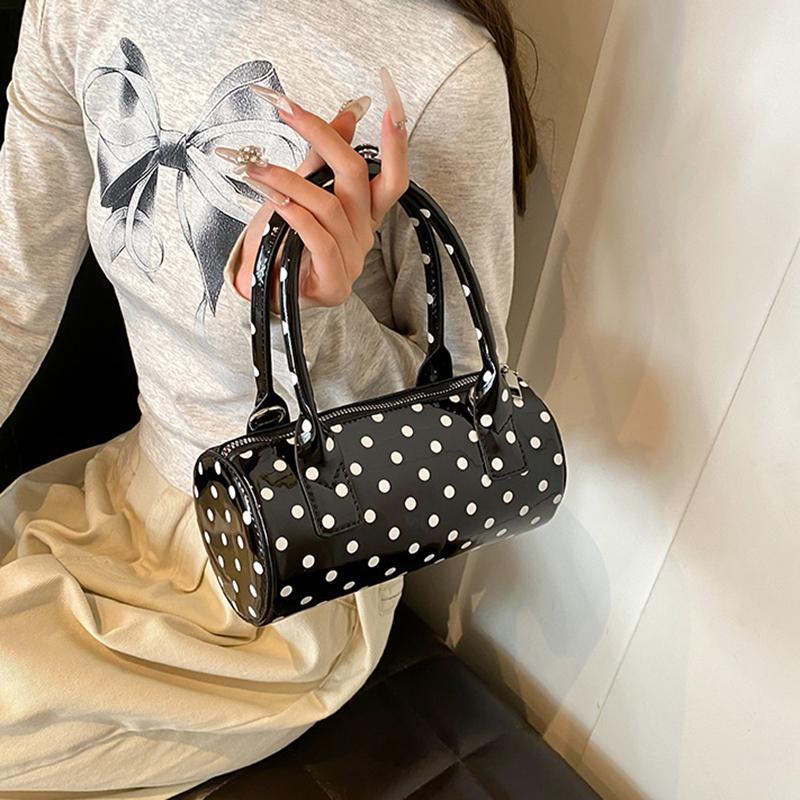 Chic Black & White Polka Dot Stylish Cylinder Crossbody Bag Braided Handle PU Leather Zip Closure Versatile Messenger Bag for Women AVE
