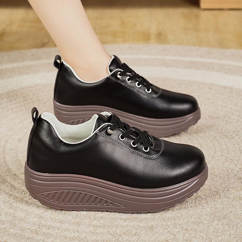 Women Platform Loafers Black Casual Leather White Shoes Thick Sole Height Increase Shake Shoes